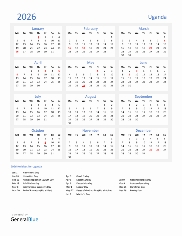 Basic Yearly Calendar with Holidays in Uganda for 2026 