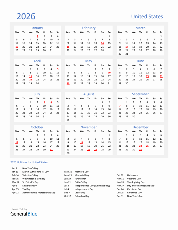 Basic Yearly Calendar with Holidays in United States for 2026 