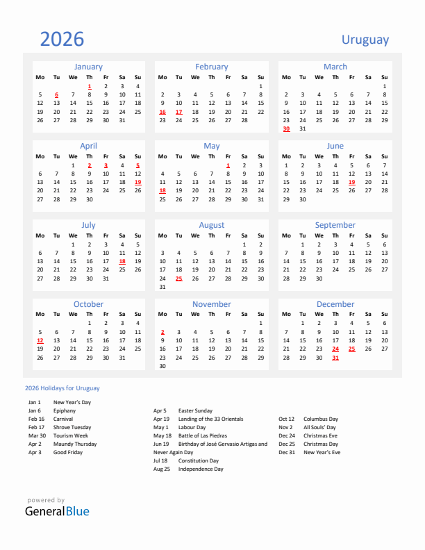 Basic Yearly Calendar with Holidays in Uruguay for 2026 