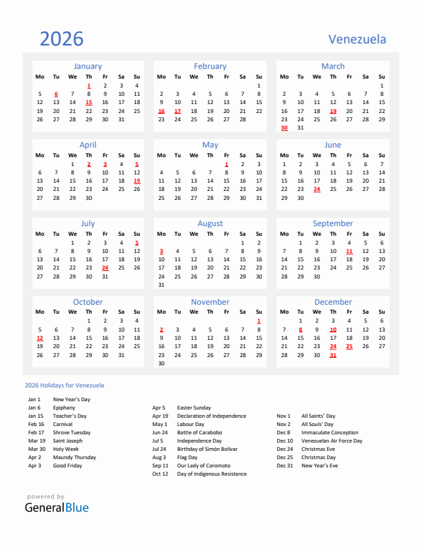 Basic Yearly Calendar with Holidays in Venezuela for 2026 