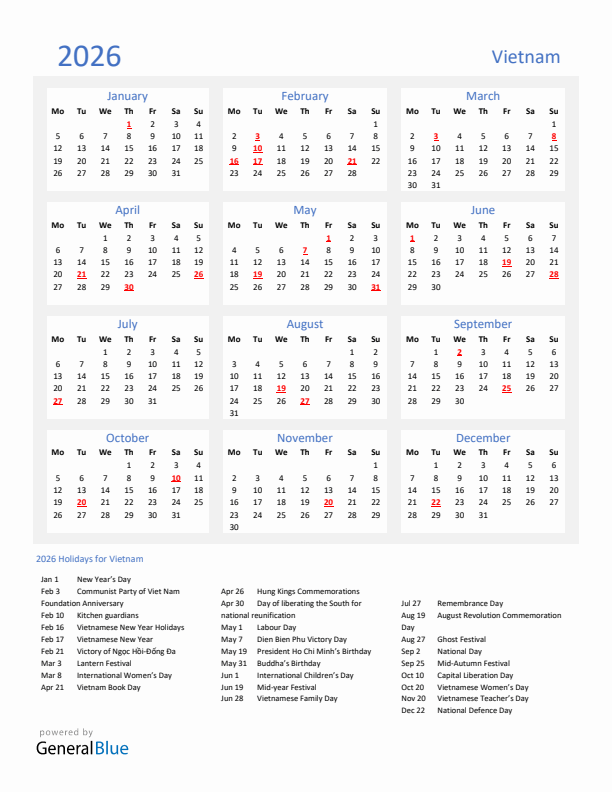 Basic Yearly Calendar with Holidays in Vietnam for 2026 