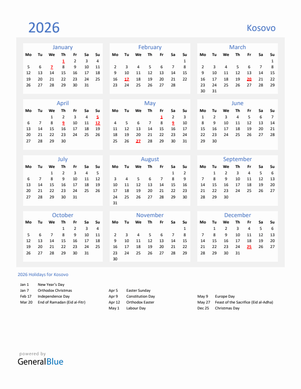 Basic Yearly Calendar with Holidays in Kosovo for 2026 