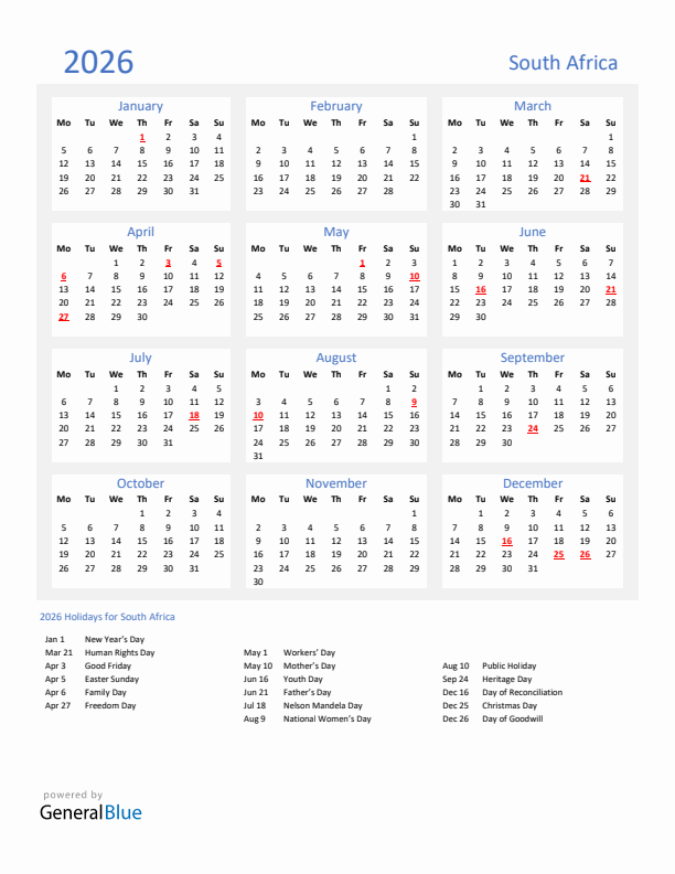Basic Yearly Calendar with Holidays in South Africa for 2026 
