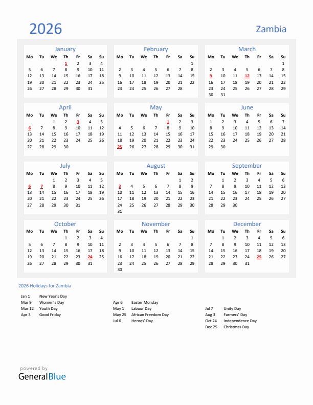 Basic Yearly Calendar with Holidays in Zambia for 2026 