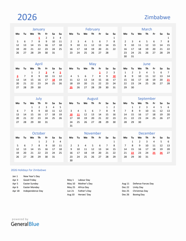 Basic Yearly Calendar with Holidays in Zimbabwe for 2026 
