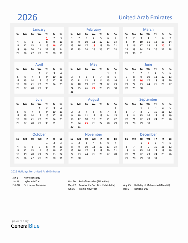 Basic Yearly Calendar with Holidays in United Arab Emirates for 2026 