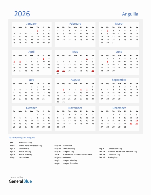 Basic Yearly Calendar with Holidays in Anguilla for 2026 