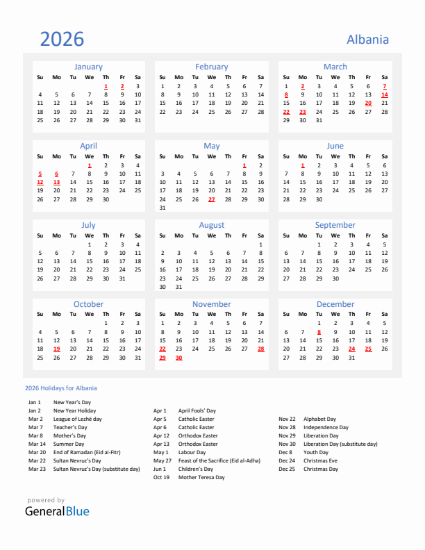 Basic Yearly Calendar with Holidays in Albania for 2026 