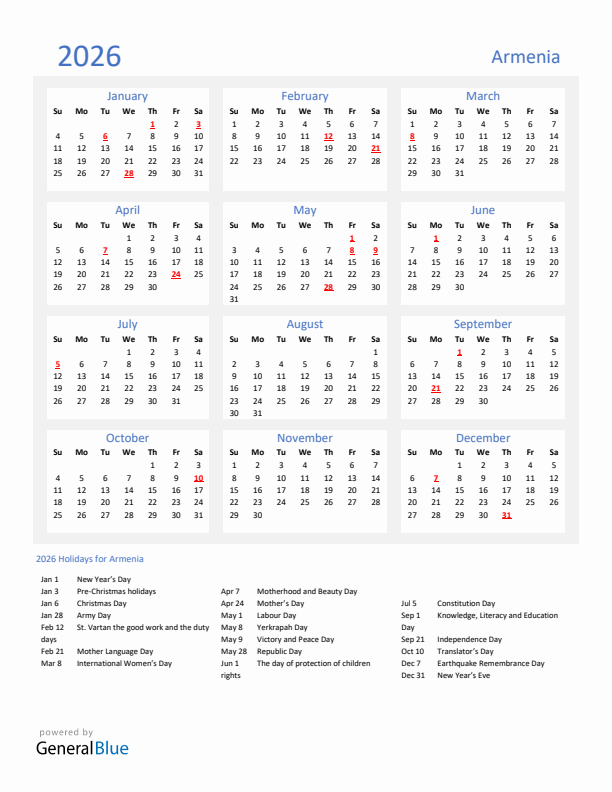 Basic Yearly Calendar with Holidays in Armenia for 2026 