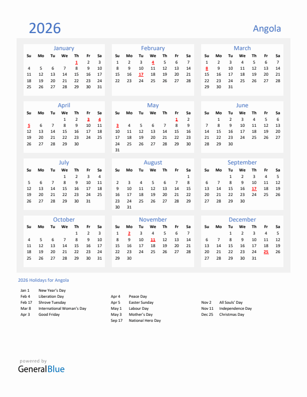 Basic Yearly Calendar with Holidays in Angola for 2026 
