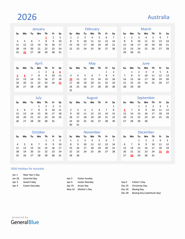 Basic Yearly Calendar with Holidays in Australia for 2026 