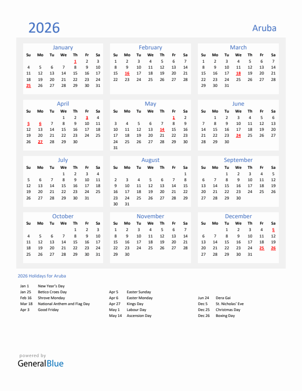 Basic Yearly Calendar with Holidays in Aruba for 2026 