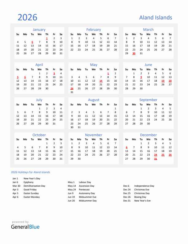 Basic Yearly Calendar with Holidays in Aland Islands for 2026 