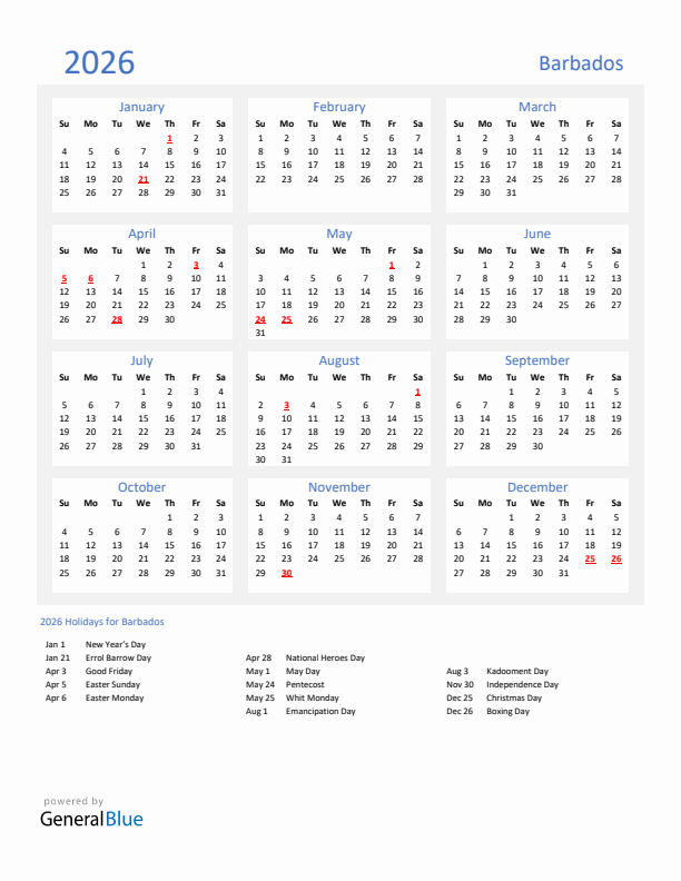Basic Yearly Calendar with Holidays in Barbados for 2026 