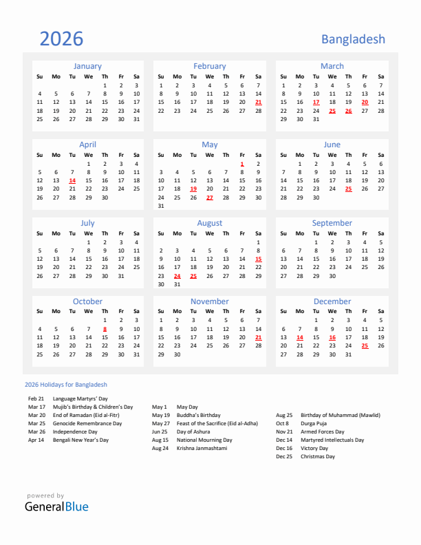 Basic Yearly Calendar with Holidays in Bangladesh for 2026 