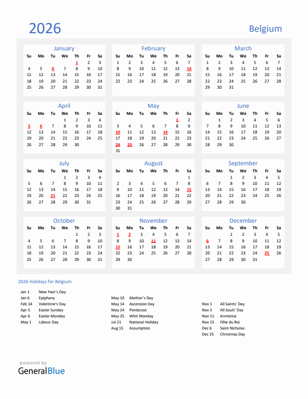 Basic Yearly Calendar with Holidays in Belgium for 2026 