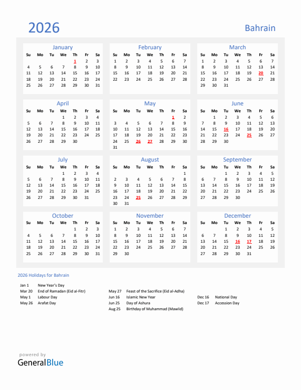 Basic Yearly Calendar with Holidays in Bahrain for 2026 