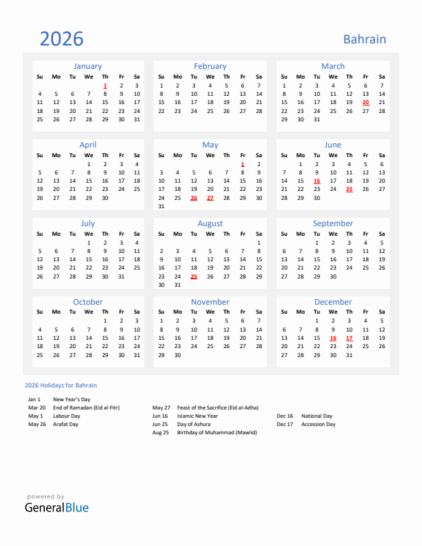 2026 Bahrain Calendar with Holidays