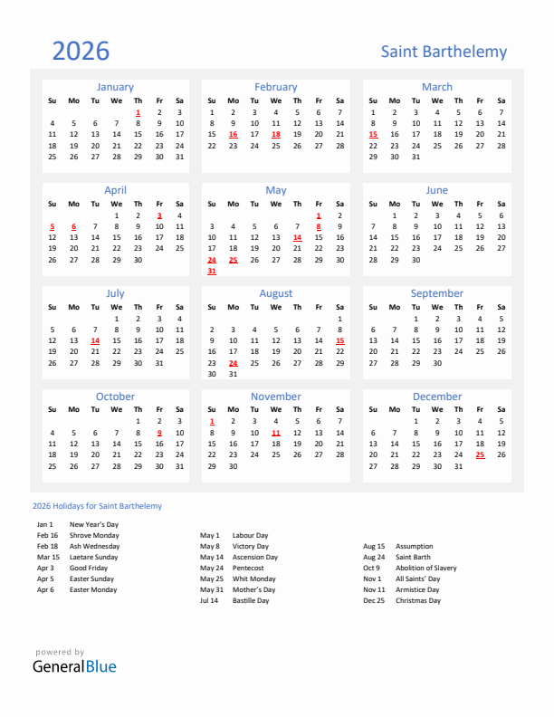 Basic Yearly Calendar with Holidays in Saint Barthelemy for 2026 