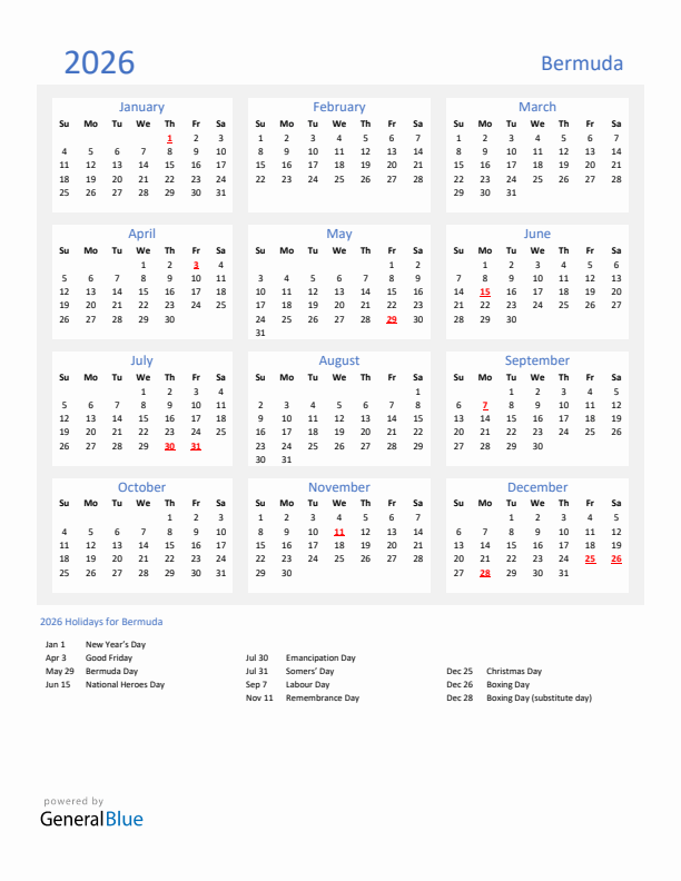 Basic Yearly Calendar with Holidays in Bermuda for 2026 
