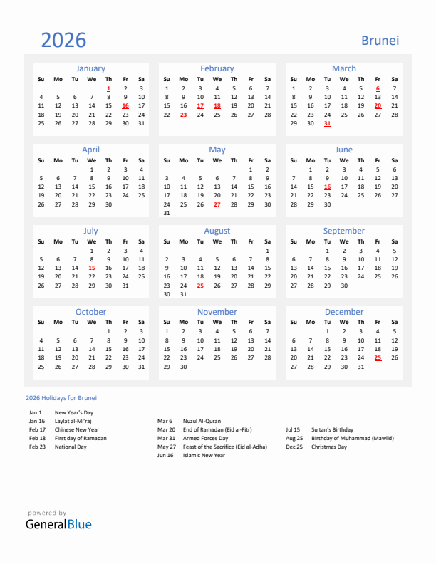 Basic Yearly Calendar with Holidays in Brunei for 2026 