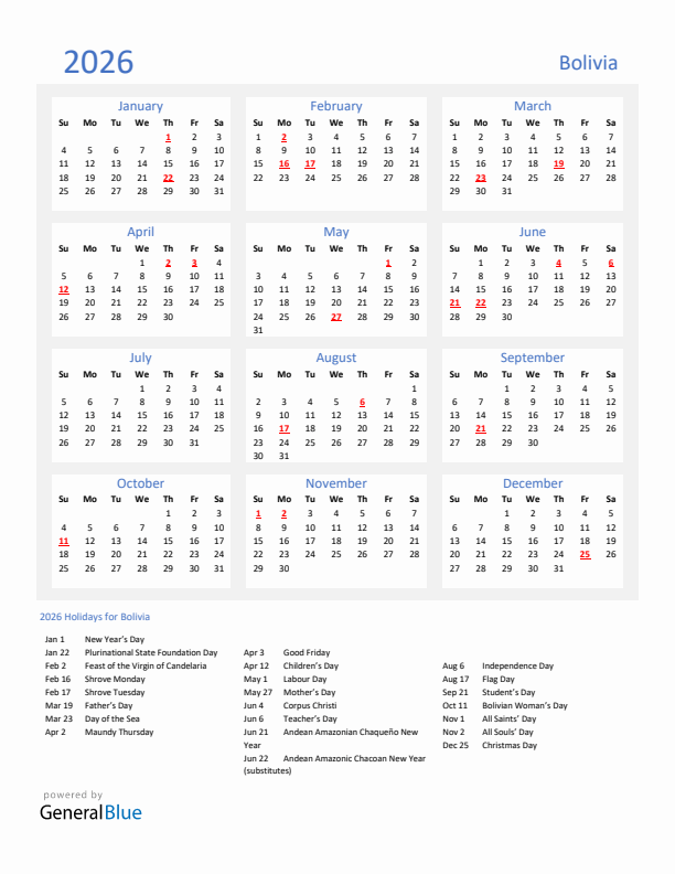Basic Yearly Calendar with Holidays in Bolivia for 2026 
