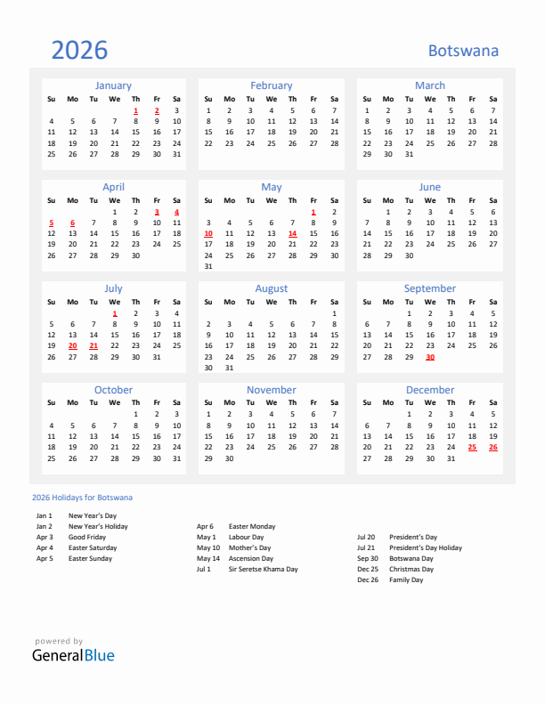 Basic Yearly Calendar with Holidays in Botswana for 2026 