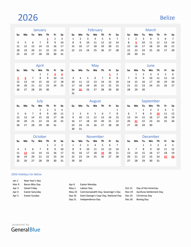 Basic Yearly Calendar with Holidays in Belize for 2026 