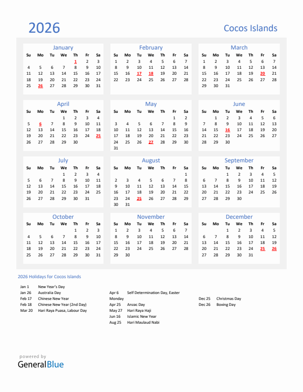 Basic Yearly Calendar with Holidays in Cocos Islands for 2026 