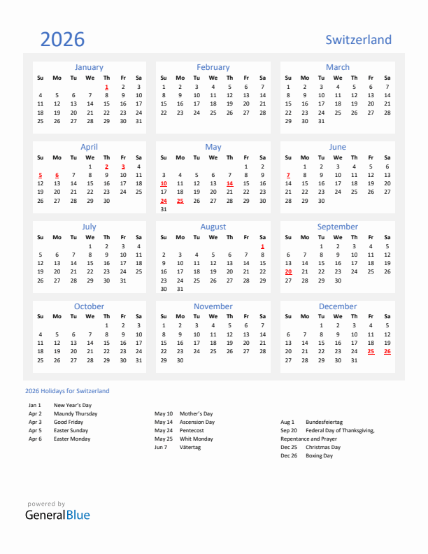 Basic Yearly Calendar with Holidays in Switzerland for 2026 