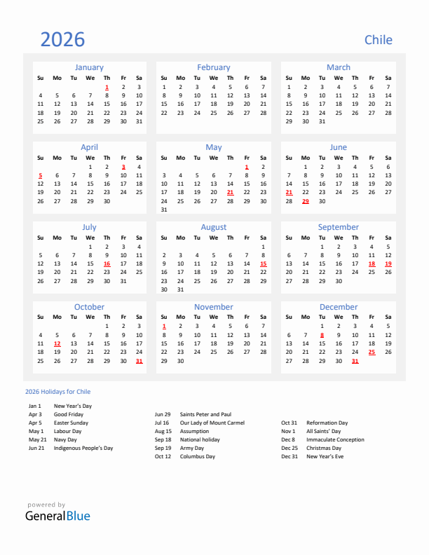 Basic Yearly Calendar with Holidays in Chile for 2026 