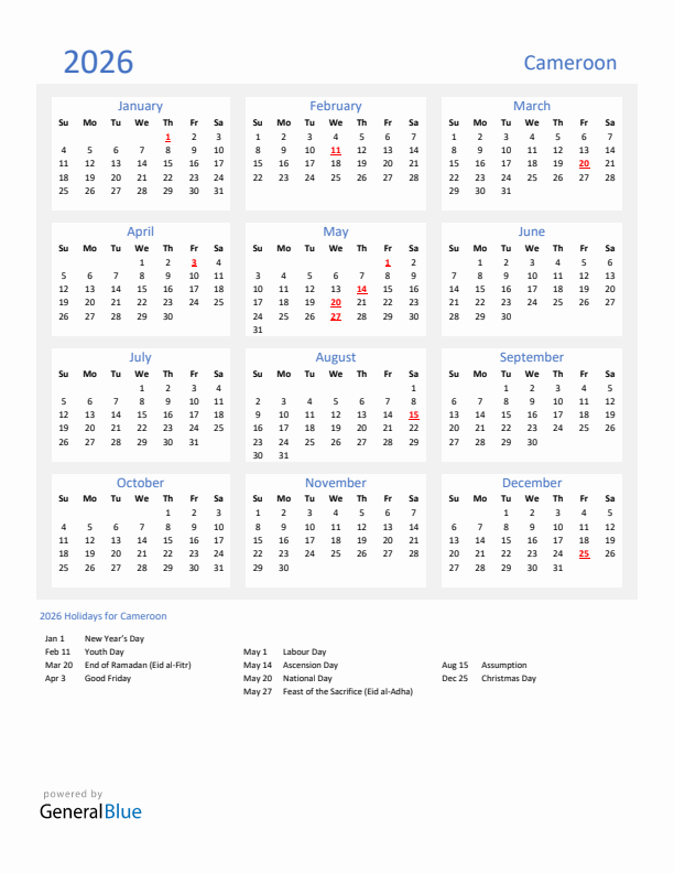 Basic Yearly Calendar with Holidays in Cameroon for 2026 