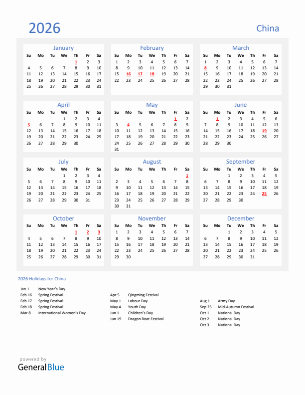 Basic Yearly Calendar with Holidays in China for 2026 