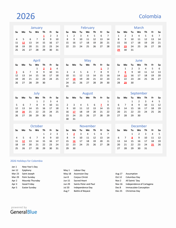 Basic Yearly Calendar with Holidays in Colombia for 2026 