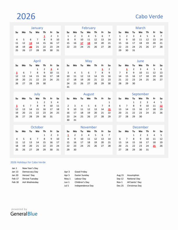 Basic Yearly Calendar with Holidays in Cabo Verde for 2026 