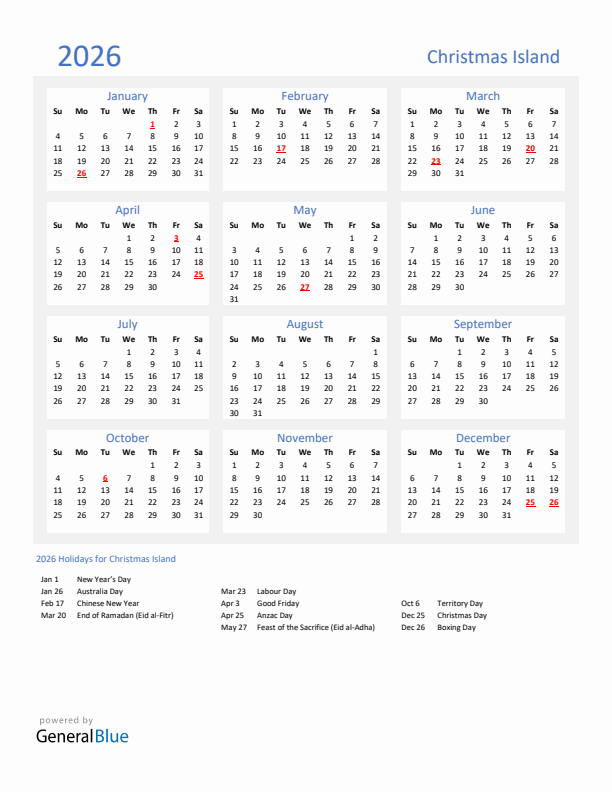 Basic Yearly Calendar with Holidays in Christmas Island for 2026 