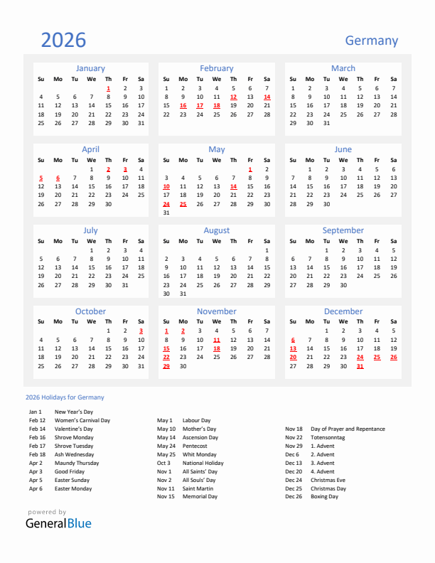 Basic Yearly Calendar with Holidays in Germany for 2026 