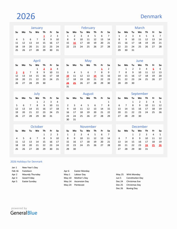 Basic Yearly Calendar with Holidays in Denmark for 2026 