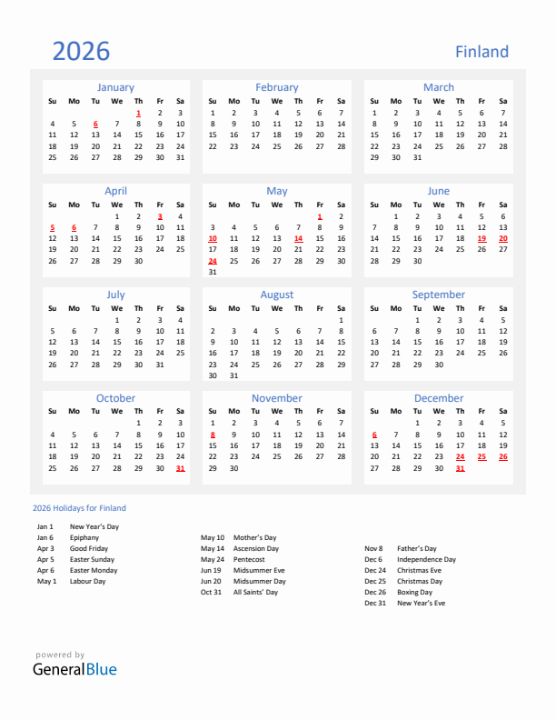Basic Yearly Calendar with Holidays in Finland for 2026 