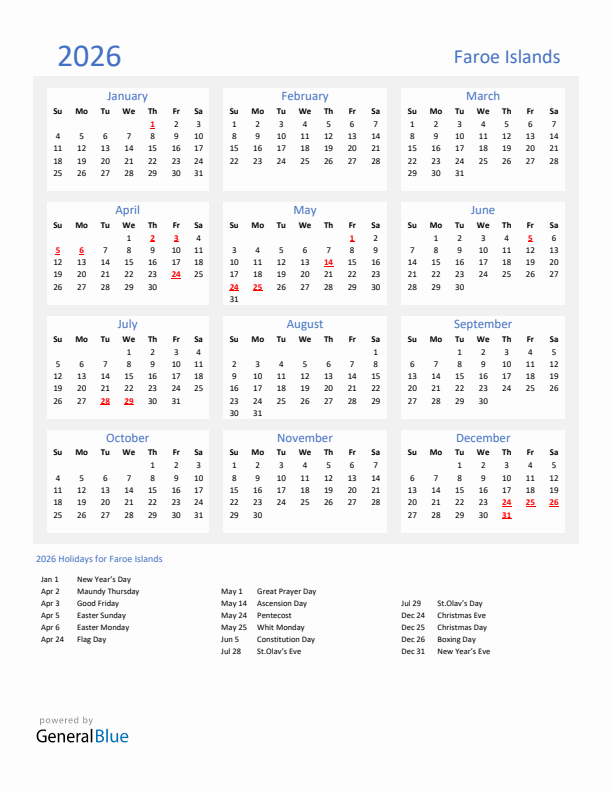 Basic Yearly Calendar with Holidays in Faroe Islands for 2026 