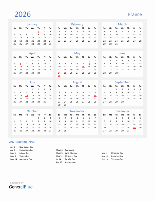 Basic Yearly Calendar with Holidays in France for 2026 