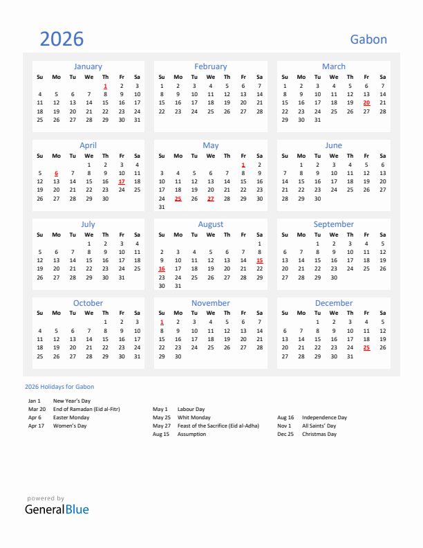 Basic Yearly Calendar with Holidays in Gabon for 2026 