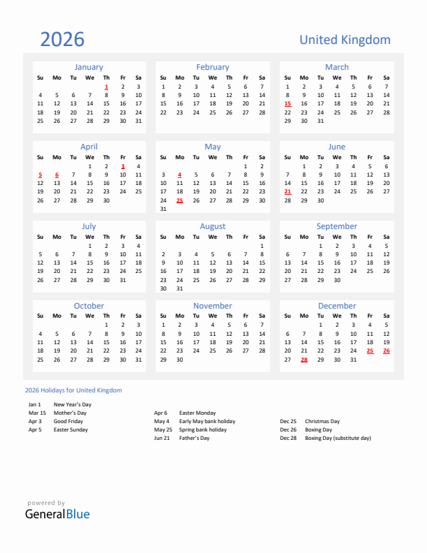 Basic Yearly Calendar with Holidays in United Kingdom for 2026 