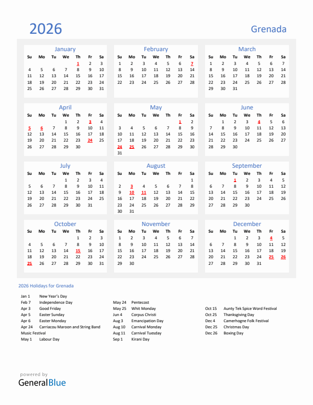 Basic Yearly Calendar with Holidays in Grenada for 2026 