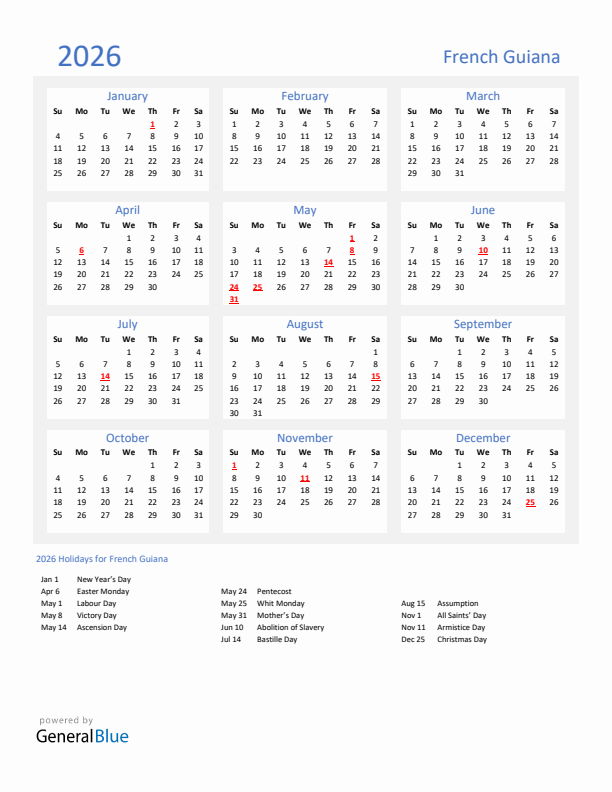 Basic Yearly Calendar with Holidays in French Guiana for 2026 
