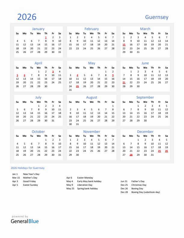 Basic Yearly Calendar with Holidays in Guernsey for 2026 