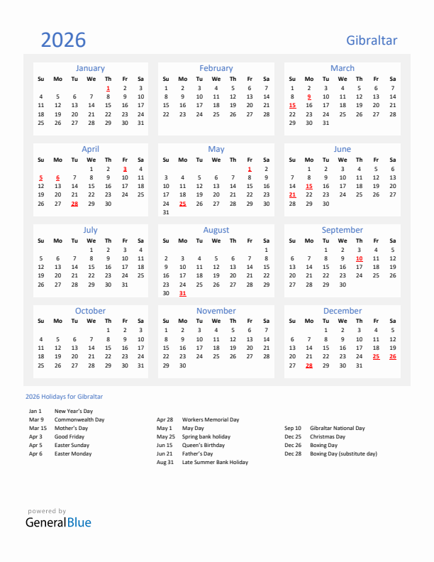 Basic Yearly Calendar with Holidays in Gibraltar for 2026 