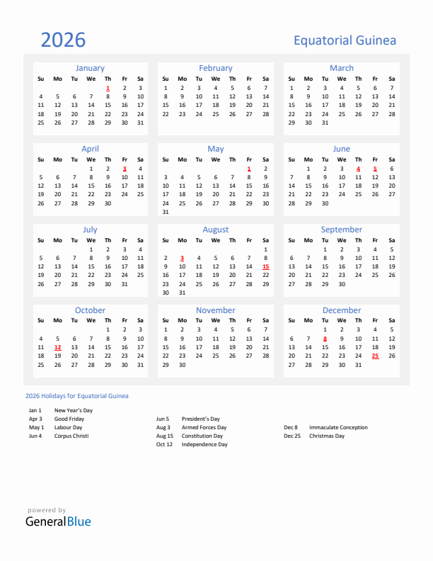 Basic Yearly Calendar with Holidays in Equatorial Guinea for 2026 