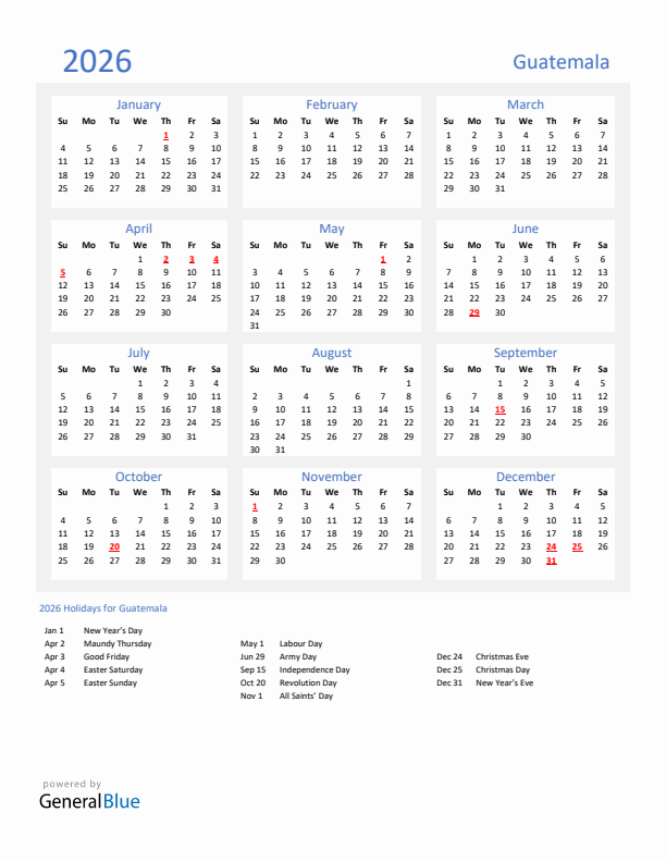 Basic Yearly Calendar with Holidays in Guatemala for 2026 