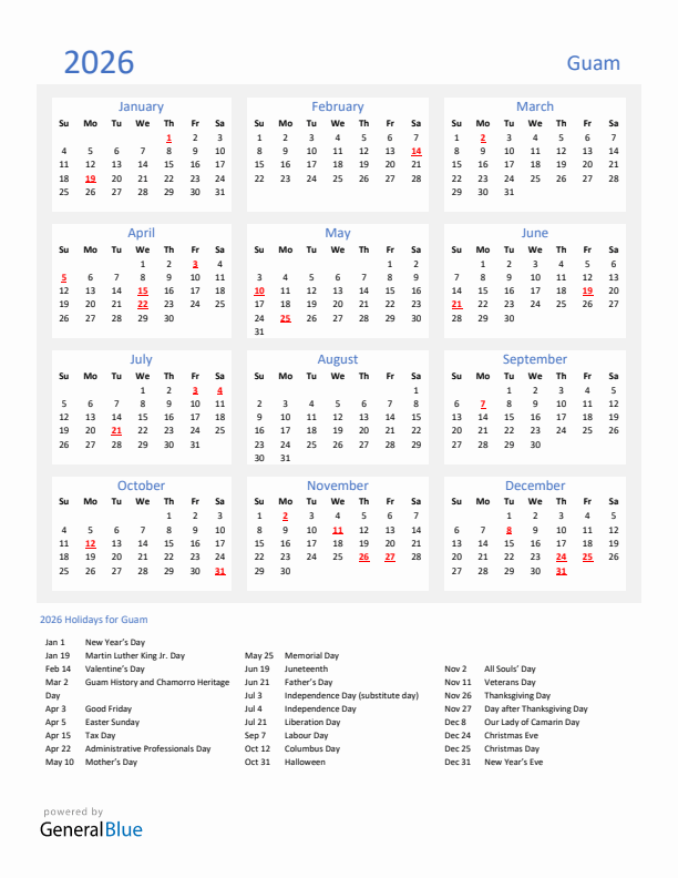 Basic Yearly Calendar with Holidays in Guam for 2026 